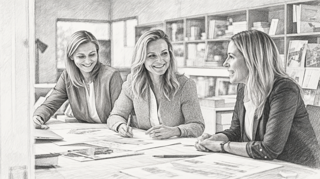 The Power Of Brand Equity: The Secret Sauce Of Success In Luxury Marketing 1 Three women reviewing papers around an office table.
