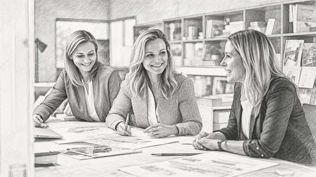 Three women reviewing papers around an office table.
