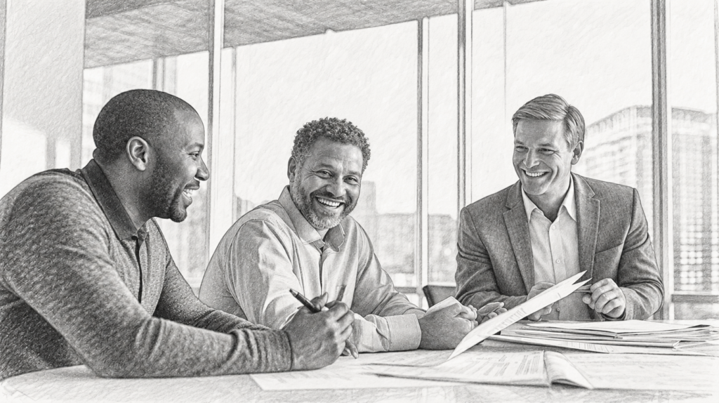 Crafting A Winning Digital Branding Strategy: The Essential Guide 1 Three men seated together at a table in a bright room.
