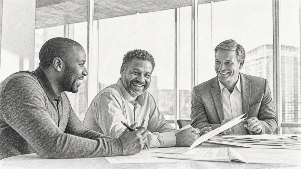 Crafting A Winning Digital Branding Strategy: The Essential Guide 1 Three men seated together at a table in a bright room.