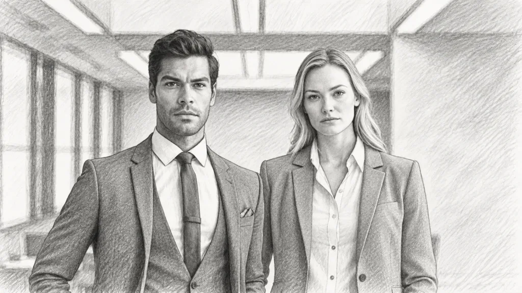 Man and woman standing together in a bright office.