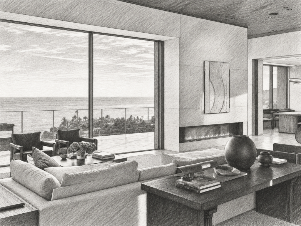 Decoding Luxury Real Estate Success: 10 Essential Lessons 1 Open-plan living room with ocean view through glass walls.