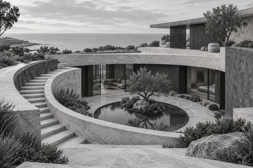 5 Elite Home Staging Ca Trends In Luxury Design: Expert Insights From La’s Leading Home Staging Company 1 Coastal residence with a curved stone stair and sunken courtyard.