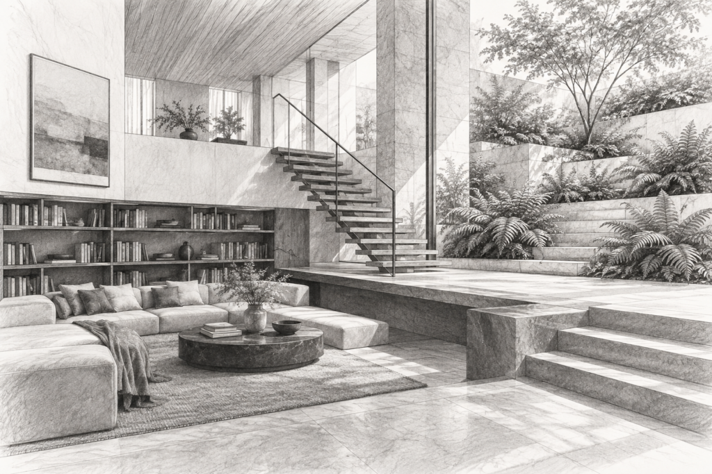 Empathy Enthusiasts: Mastering Empathy-Driven Sales Techniques In Luxury Real Estate 1 Double-height living room with bookshelves, a floating stair and planted terraces.