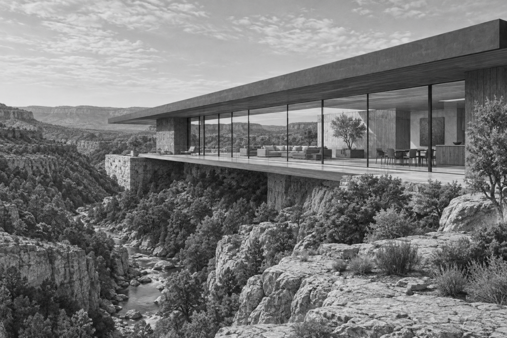 Luxury Market Mastery: Unveiling Hidden Opportunities 1 Canyon home with a deep roof plane and glazed gallery above a planted ravine.