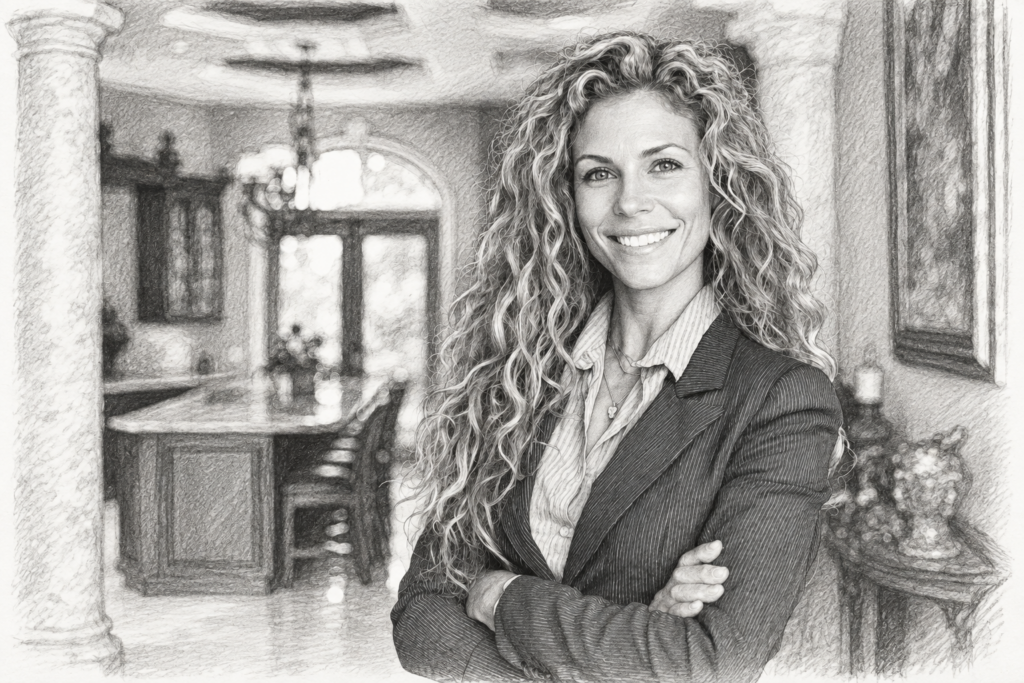 Innovation Incubation In Luxury Real Estate: Cultivating A Creative Culture 1 Smiling curly-haired woman with folded arms in a bright residential interior.