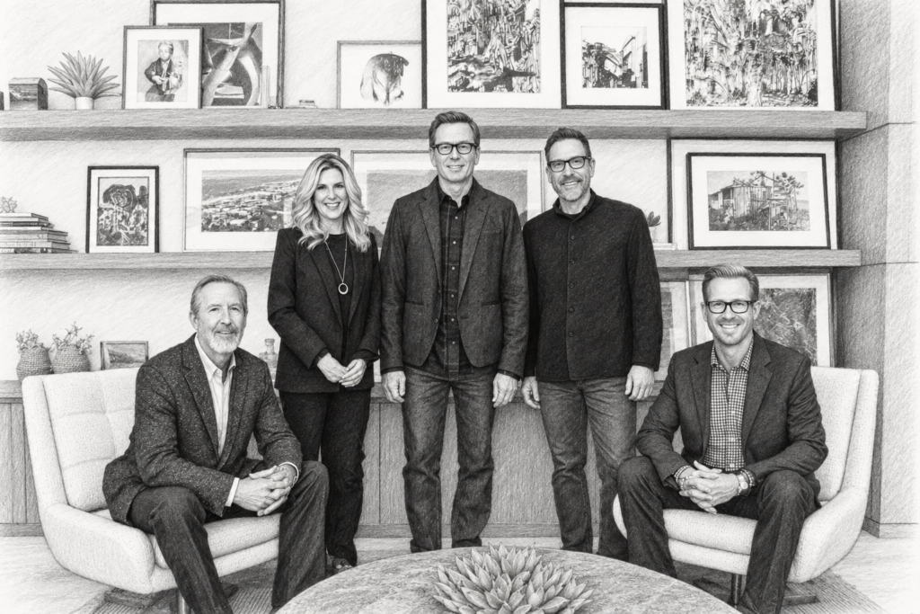 Maximizing Luxury Home Prices: Elite Home Staging Reveal 3 Luxury Staging Secrets 1 Five adults posing together in a modern interior with artwork on wall shelves.