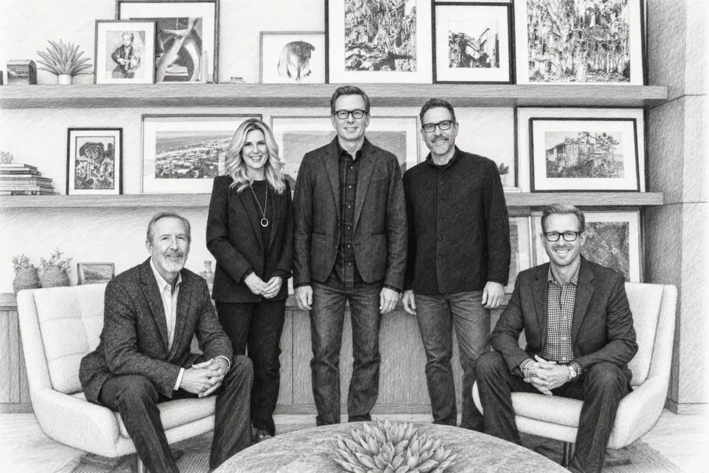 Maximizing Luxury Home Prices: Elite Home Staging Reveal 3 Luxury Staging Secrets 1 Five adults posing together in a modern interior with artwork on wall shelves.