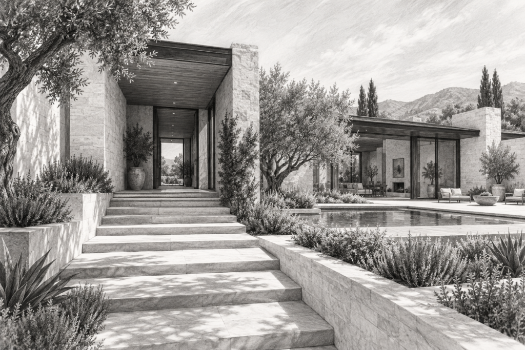 Power Up Your Online Reputation In Real Estate: 5 Essential Tips For Industry Leaders 1 Split-level limestone residence with a shaded entry gallery and sun court.