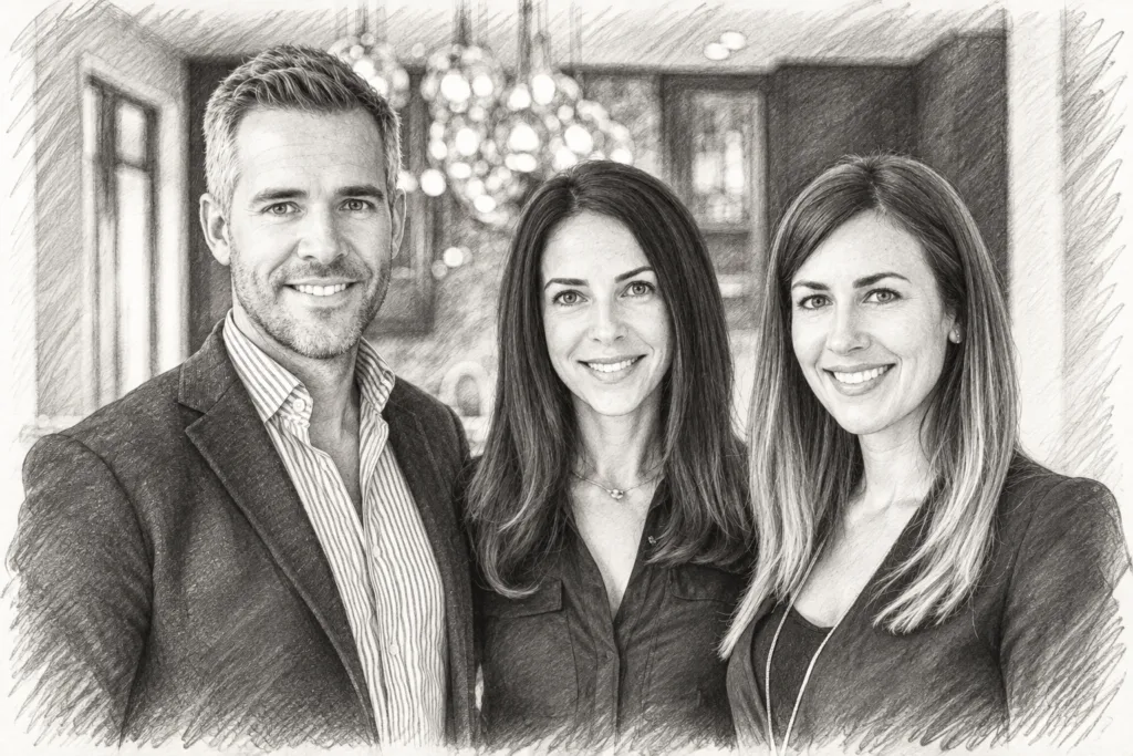 Three adults posing together in a bright interior.