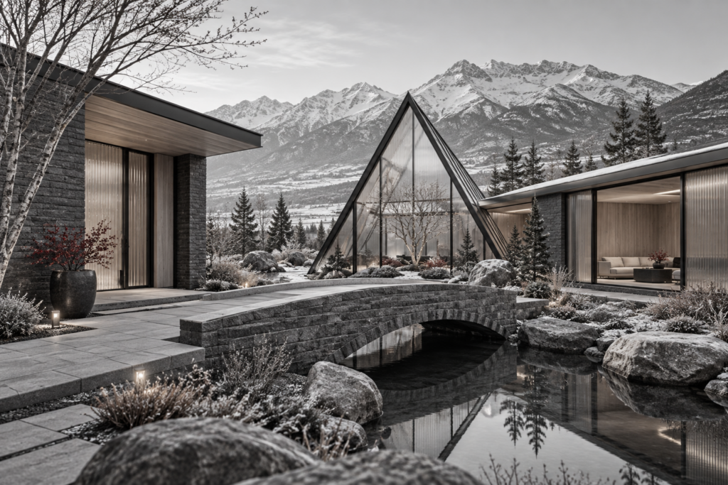 Mountain residence gathered around a triangular winter garden with a low stone bridge.