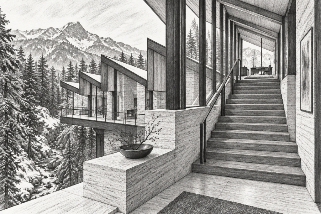 Ai In Luxury Real Estate Marketing: 5 Secrets To Elevating Your Social Media Game 1 Alpine residence with a long roofline, timber stair, and mountain view.