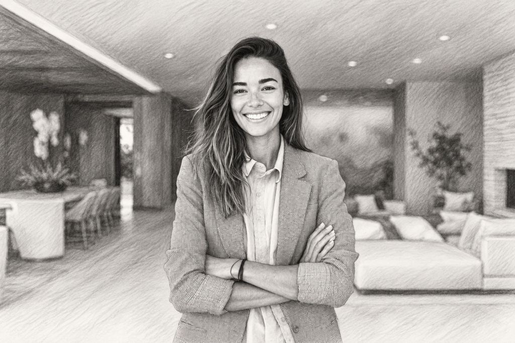 Smiling woman in a checked blazer standing in a modern interior.