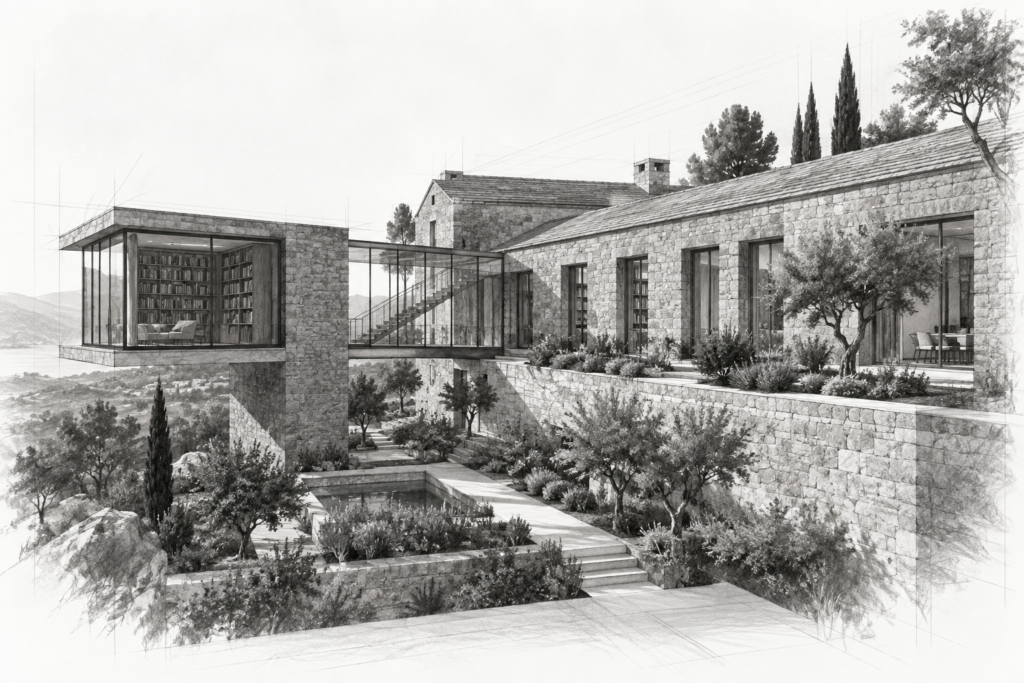 Successful Turnaround Secrets 1 Luxury residence with an offset library wing and glazed stair bridge.