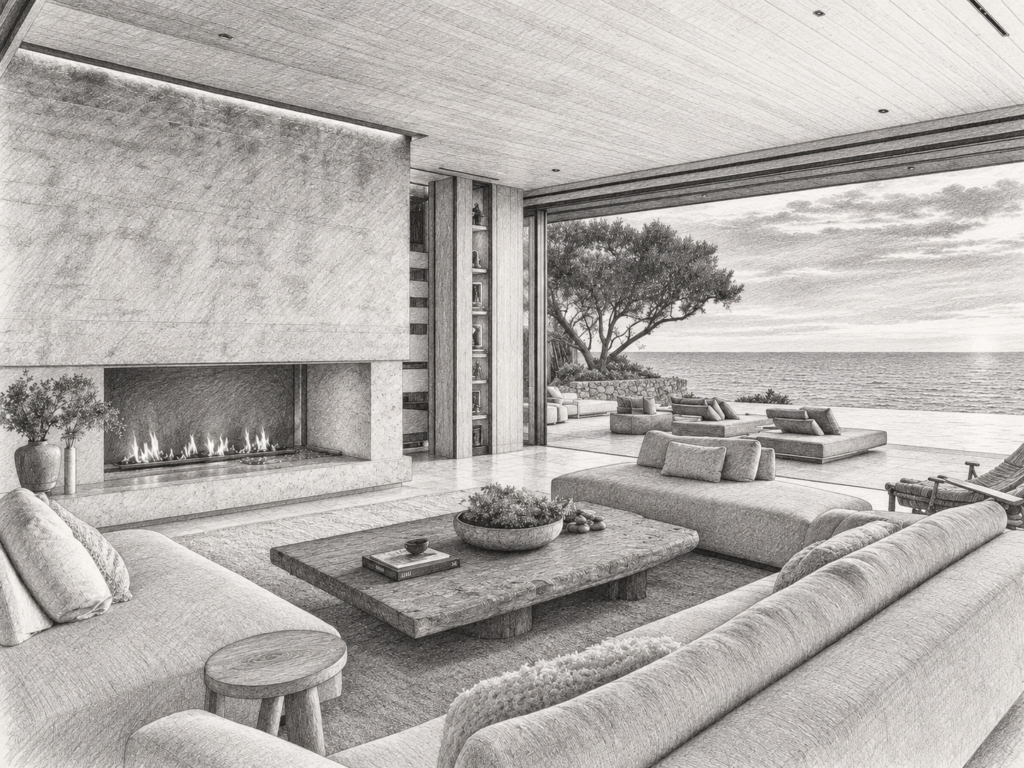 Crafting Compelling Brand Identities: 12 Secrets To Establish Your Personal Brand 1 Open-plan living room with seating and a view through large windows.