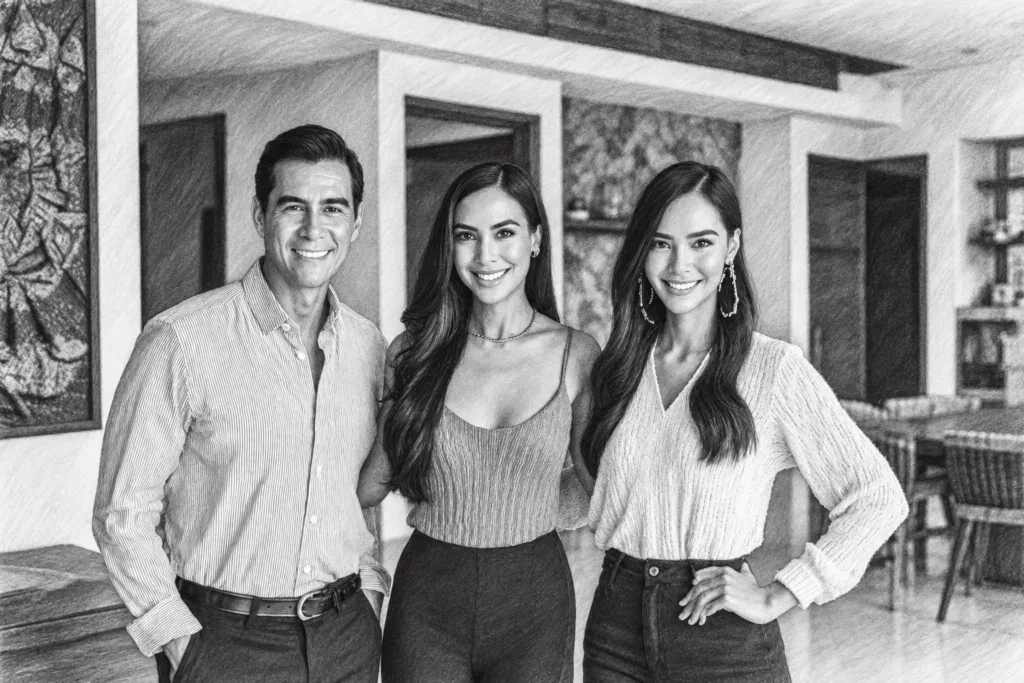 Three professionals standing together in a modern interior.