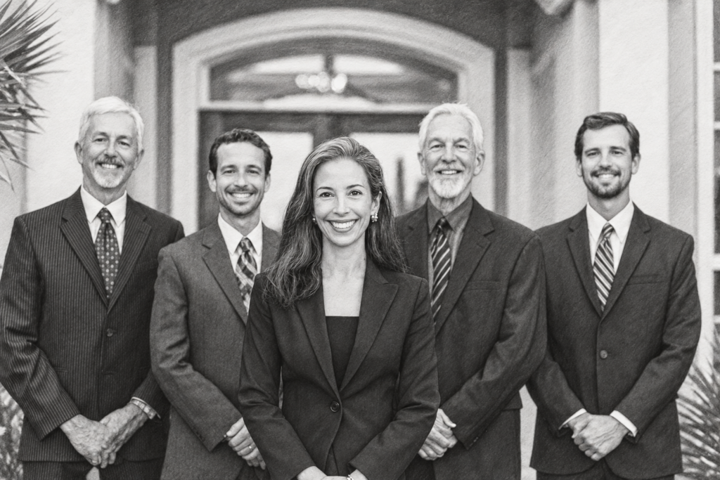 Crafting Operational Systems For Luxury Real Estate: The Art Of Efficiency 1 Five professionals standing at a residential entry with an arched doorway.