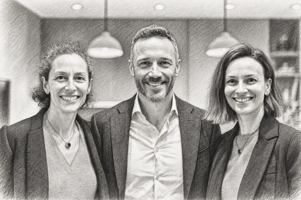 Three adults standing together indoors.