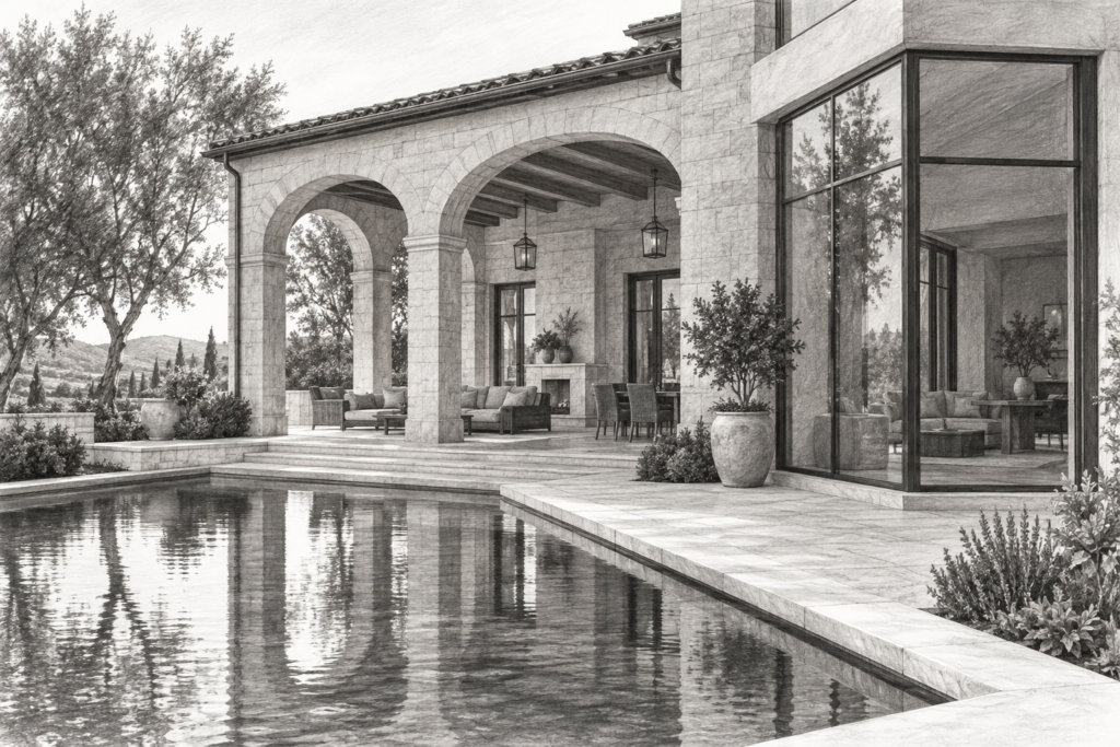 5 Ways To Craft A Strong Online Brand In Real Estate 1 Limestone residence with a shaded loggia, reflecting basin, and glazed corner.