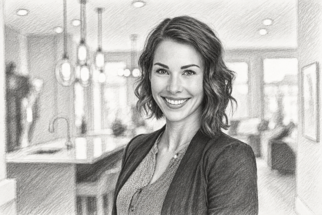Mastering Personal Brand Leadership In Real Estate: 7 Secrets 1 Smiling woman standing in a bright kitchen.