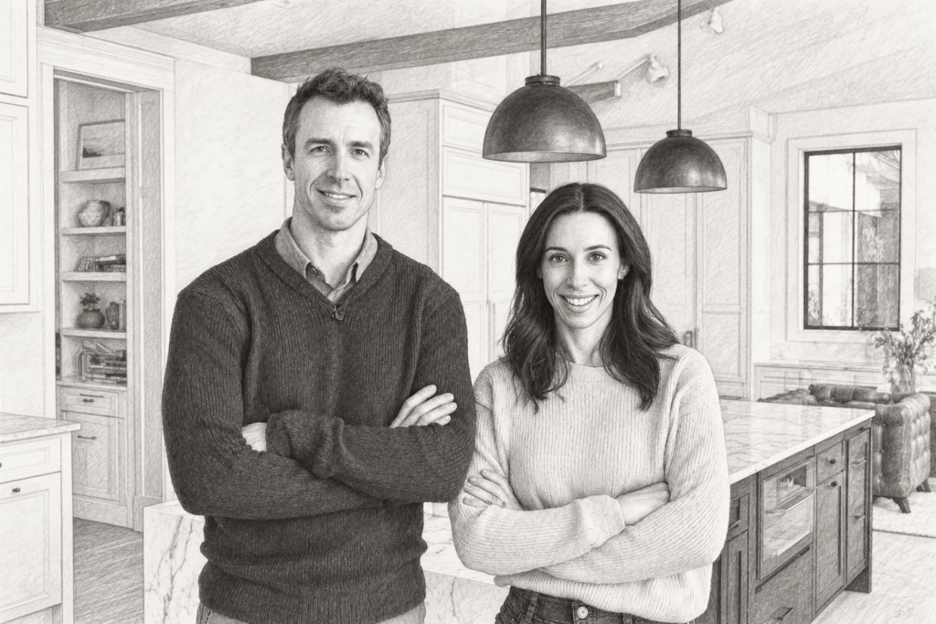 Man and woman standing together in a kitchen.