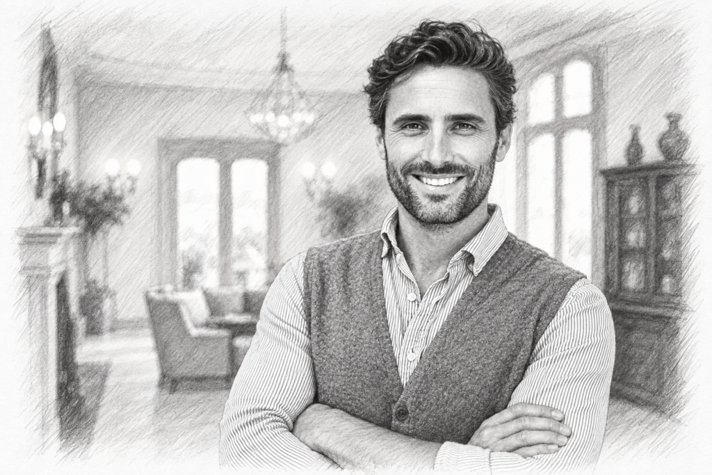 Smiling man in a vest standing in a bright interior.