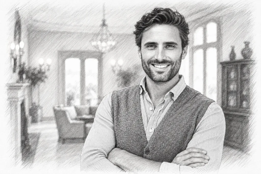 How Much Do Luxury Real Estate Agents Make? 6 Secrets Revealed 1 Smiling man in a vest standing in a bright interior.