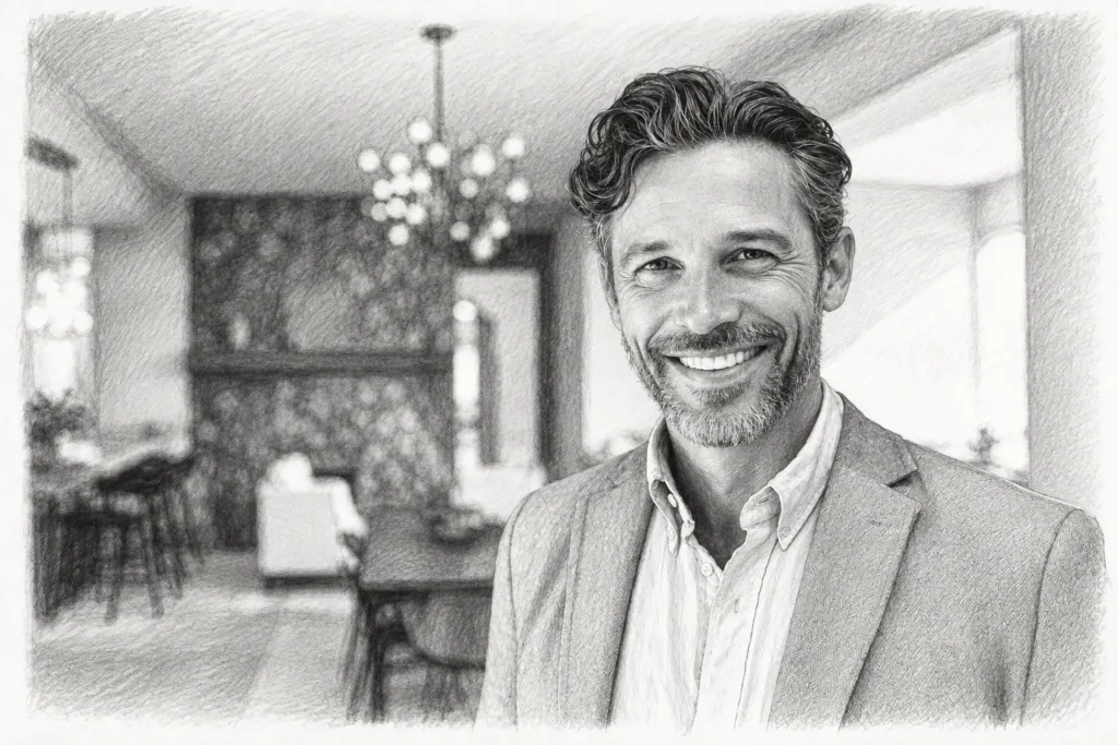 Smiling man standing in a bright residential interior.