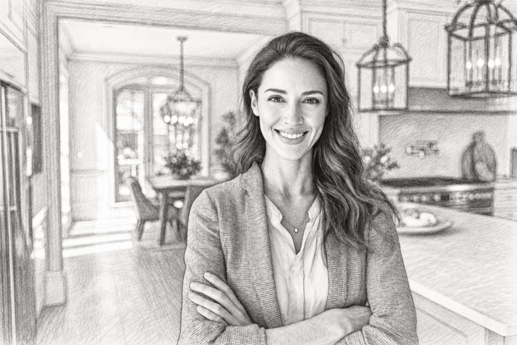 Smiling woman standing with folded arms in a kitchen.