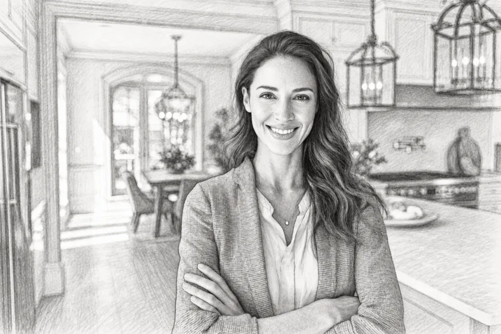 Smiling woman standing with folded arms in a kitchen.