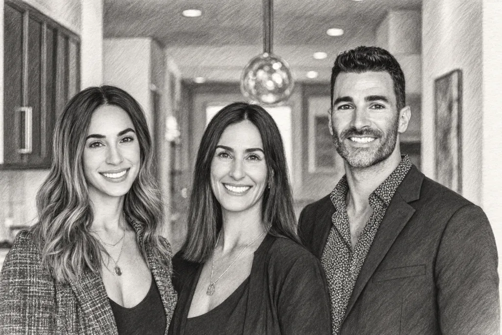 Three professionals standing together in a modern interior.