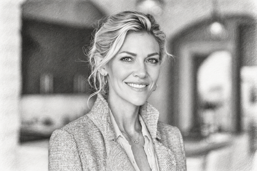 Smiling woman in a textured jacket standing in a softly lit interior.