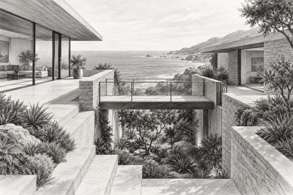 Maximizing Online Channels: 12 Secrets Revealed 1 Coastal residence with a bridge over a planted lightwell.