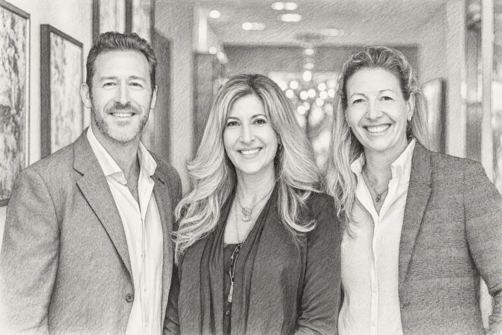Three adults standing together in a bright interior.