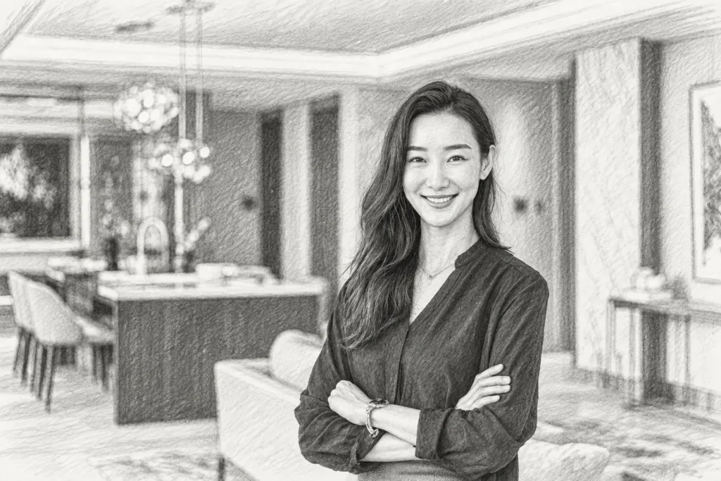 Reputation Management For Real Estate: Mastering The Market With A 5-Star Strategy 1 Smiling woman standing with folded arms in a living room.