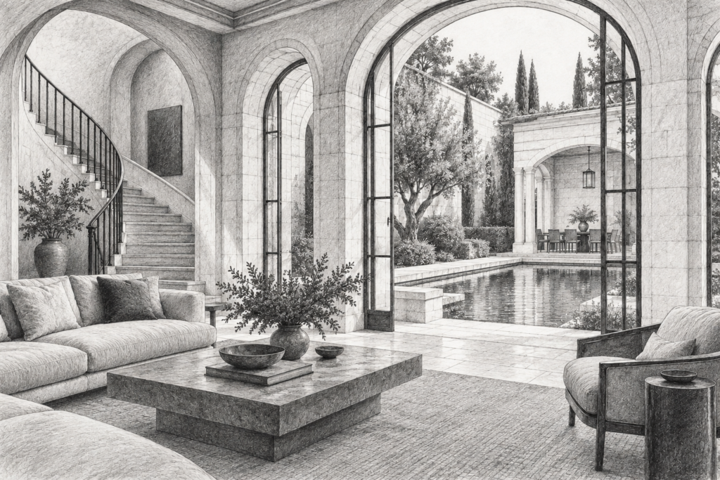 Mastering Luxury Real Estate Service Excellence: Transforming Client Experiences Into Organic Marketing Success 1 Arched stone residence interior opening to a courtyard and reflecting pool.