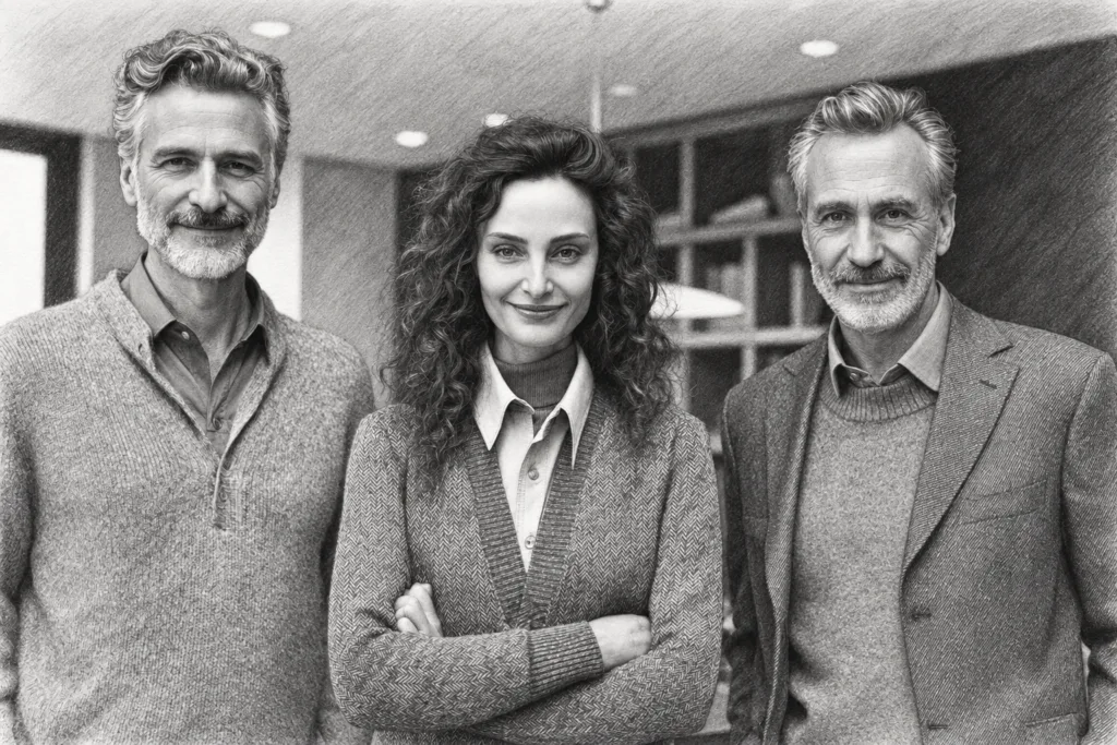 Three professionals standing together in a softly lit interior.