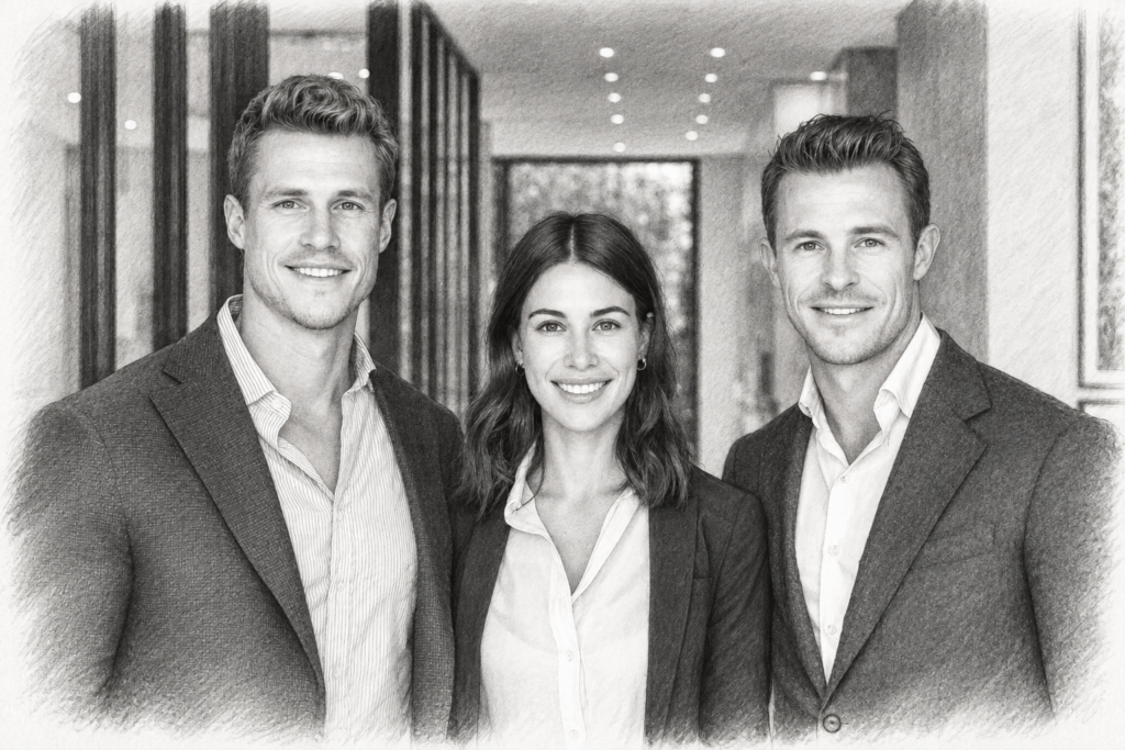 The Law Of 3: Maximizing Your Impact In Luxury Real Estate 1 Three adults standing together in a bright interior.
