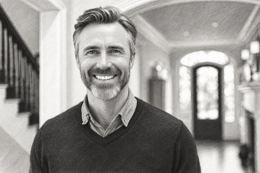2024 Tech Trends In Luxury Real Estate 1 Smiling man in a dark sweater standing in a modern interior.