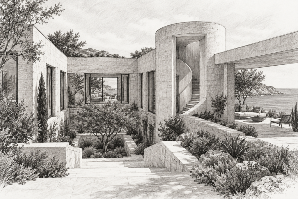 Stone residence with a planted court, circular stair tower and sea view.