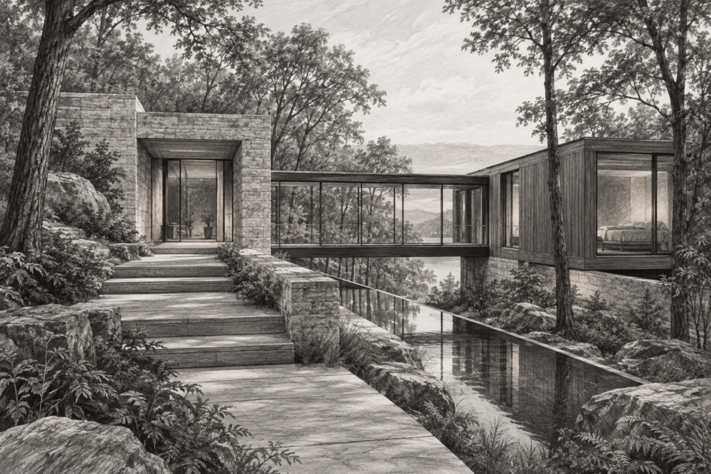 Mastering Needs Analysis In Sales: The Key To Success In Luxury Real Estate 1 Hillside residence with a glazed bridge and reflecting runnel.