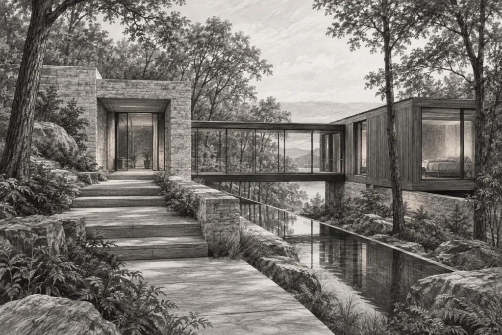 Hillside residence with a glazed bridge and reflecting runnel.
