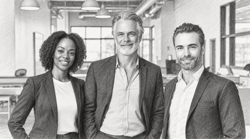 Luxury Real Estate Business Consultants: It’s Time To Raise Expectations 1 Three professionals standing together in an office.