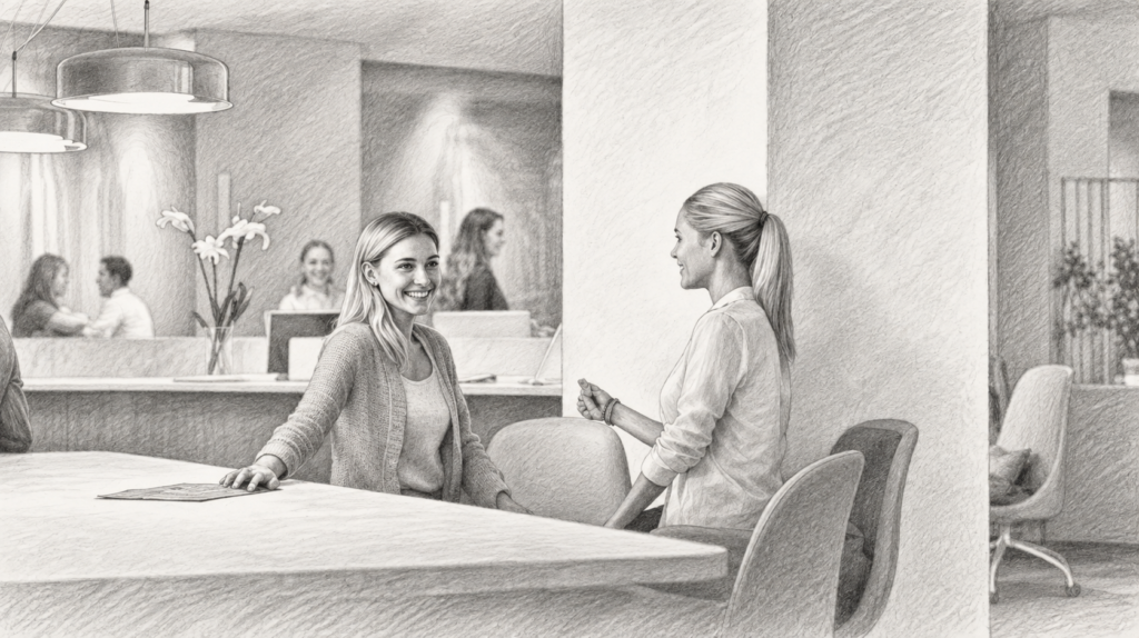 Maximize Success: 12 Essential Time Management Strategies For Luxury Real Estate Professionals 1 Two women conversing across worktables in a bright office.