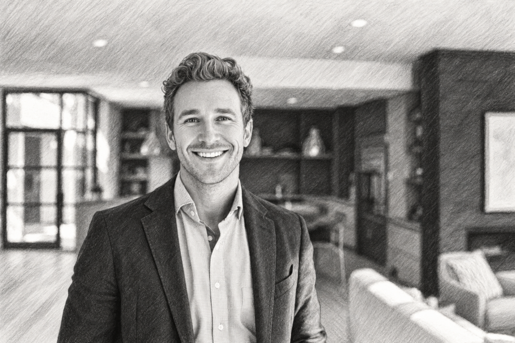 Luxury Portfolio International: A Brief Evaluation 1 Smiling man in a dark blazer standing in a modern interior with dark cabinetry.