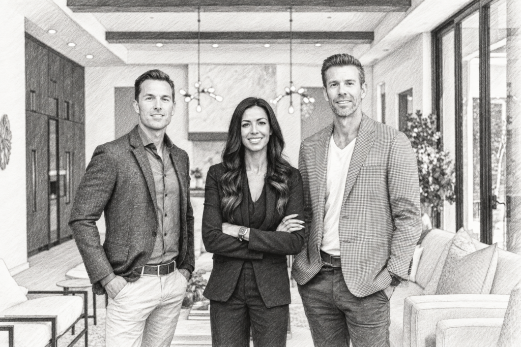 Authentic Leadership: Cultivating Genuine Success In Luxury Real Estate 1 Three professionals standing together in a bright living room.