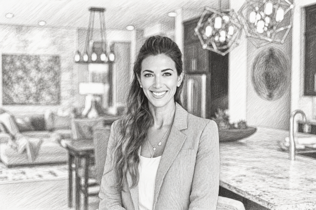 Professional standing in a bright contemporary kitchen and living interior.