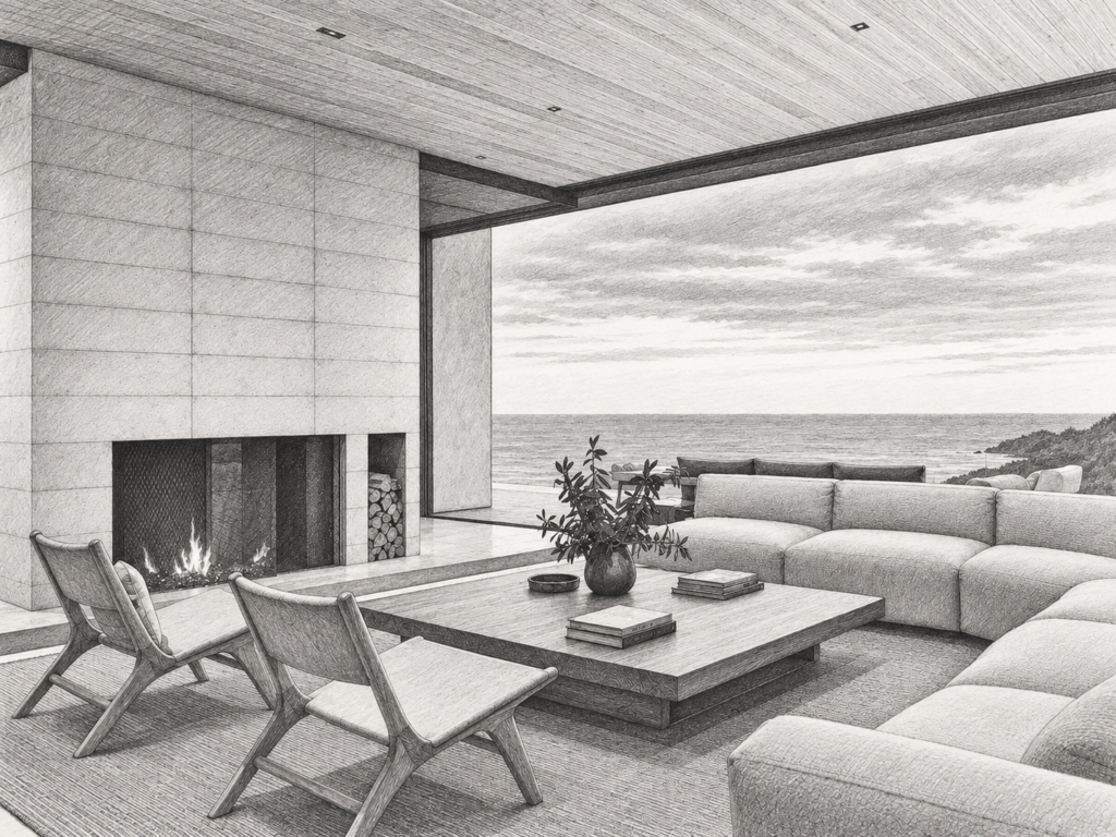 Luxury Real Estate Market Insights: Mastering Luxury Real Estate In Uncertain Times 1 Living room with fireplace and ocean view.