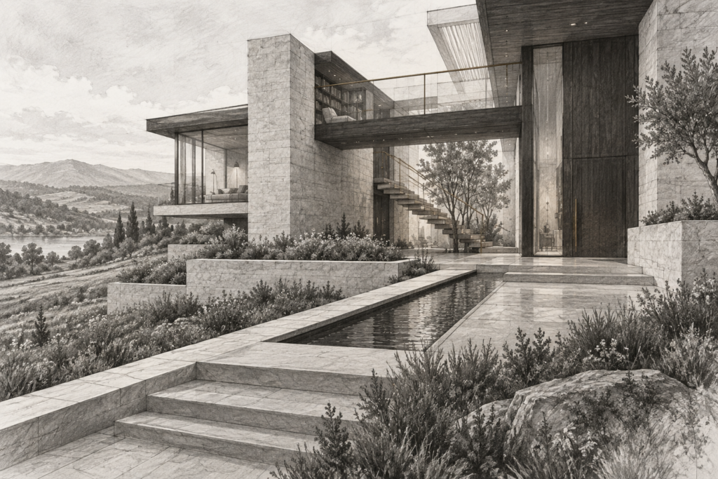 Empathy-Driven Objection Handling In Luxury Real Estate: 10X Your Success 1 Luxury residence with a bridge, planted atrium, and meadow terraces.