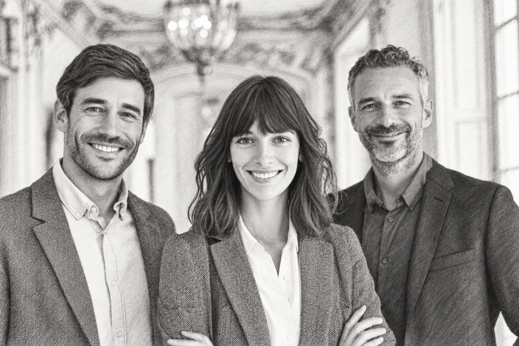 Mastering ‘The 4 Disciplines Of Execution’ For Luxury Real Estate Success 1 Three professionals standing beneath a chandelier in an ornate interior.